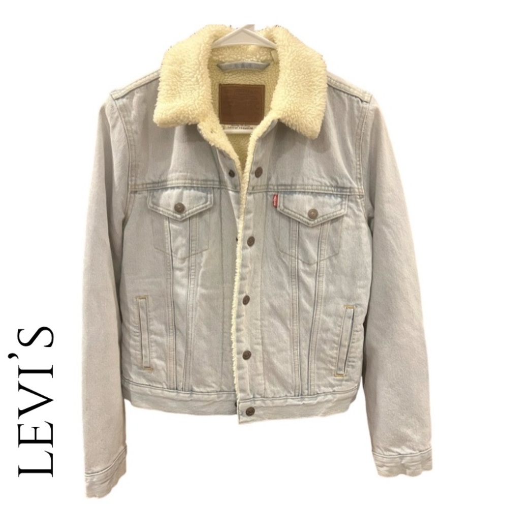 Levi's Big “E” Light Wash Denim Trucker Jacket with Cream Sherpa